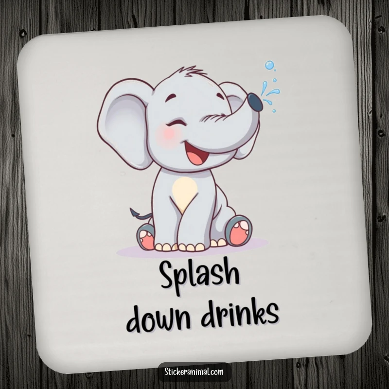 Funny Coaster: A giggling elephant calf spraying water from its trunk, adding a humorous and cute touch to drinks.