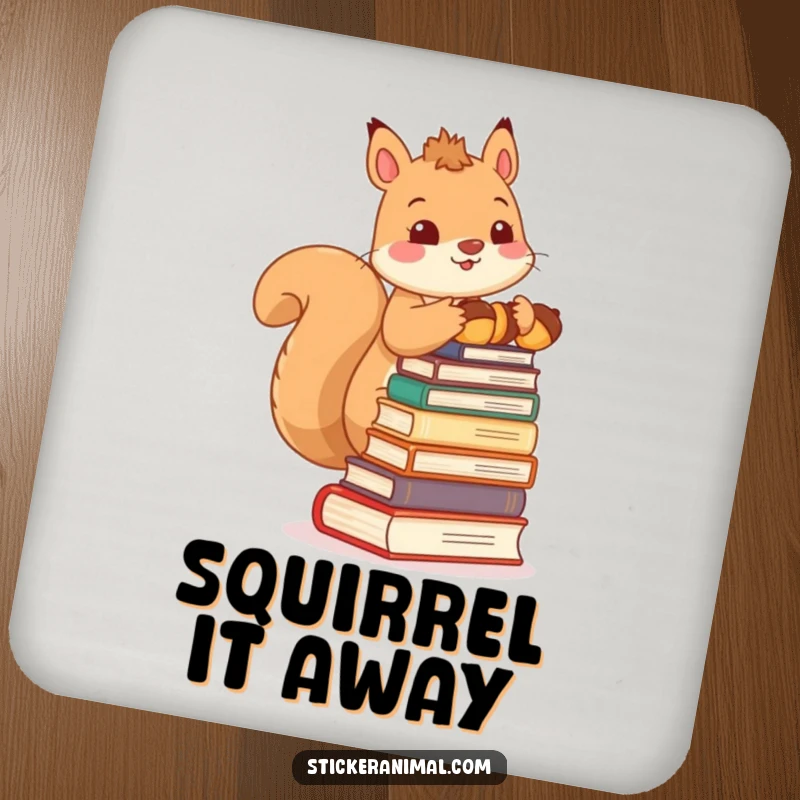 Funny coasters featuring a cute squirrel character balancing a stack of acorns like books, protecting surfaces with woodland charm.