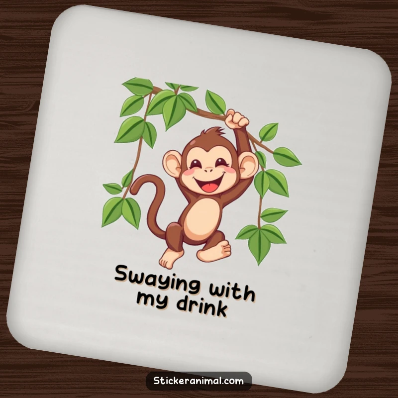 Funny coaster featuring a happy monkey swinging on a vine, its face full of infectious giggles, adding playful protection.