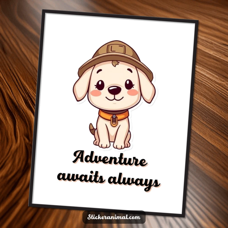 Funny poster of a smiling puppy wearing a tiny explorer hat, peeking curiously, inspiring humorous journeys and discoveries.