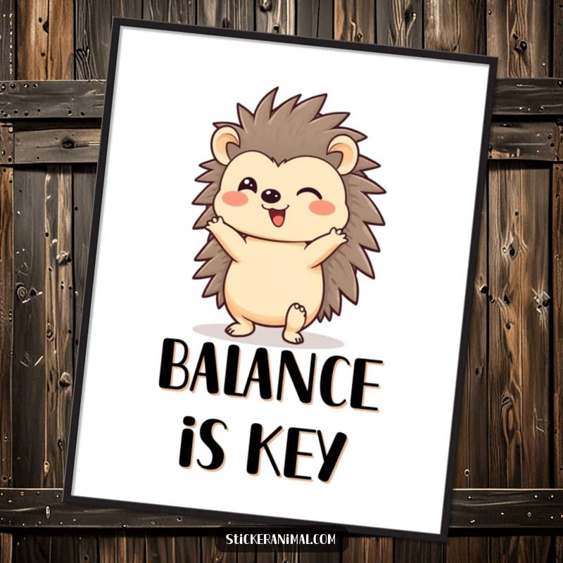 Funny, cheerful hedgehog doing a headstand on a poster, vibrant wall art conveying humor and playfulness, perfect as a funny gift.