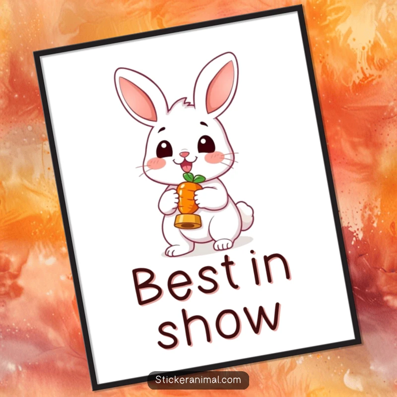 Funny Cheerful Rabbit Poster: Wall art of a happy rabbit holding a carrot like a trophy, exuding joy and celebrating small wins.