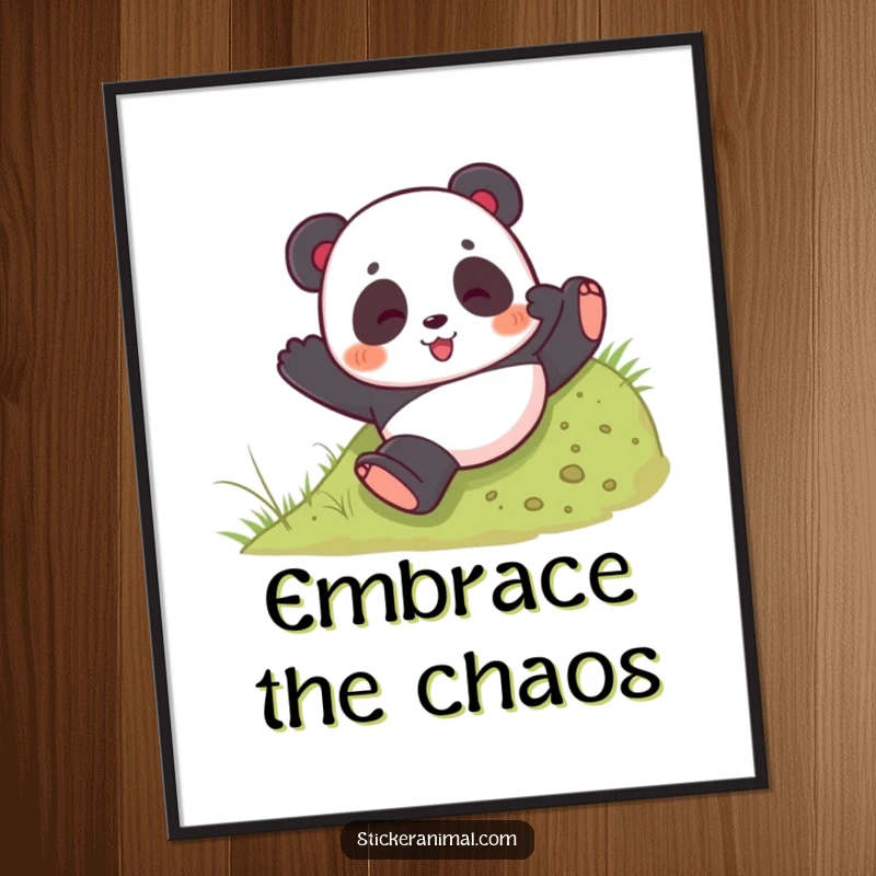 Funny poster featuring a playful panda bear tumbling down a grassy hill with a look of pure joy and abandon.