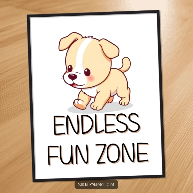 Funny poster showing a curious puppy endlessly chasing its wagging tail, adding humorous charm to wall art.