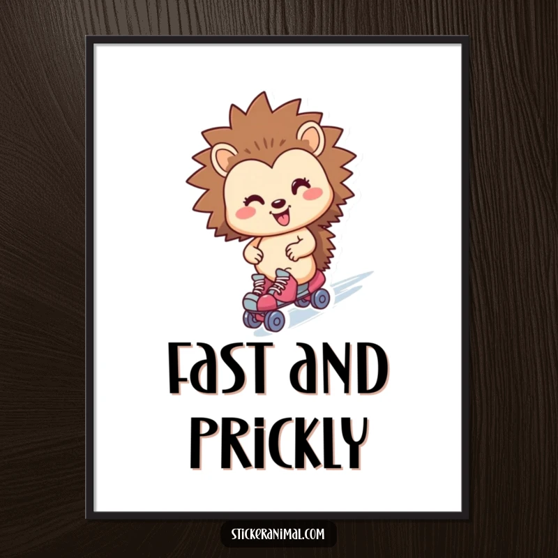 Funny hedgehog character on a poster, wearing roller skates and zipping by with a cheerful expression.