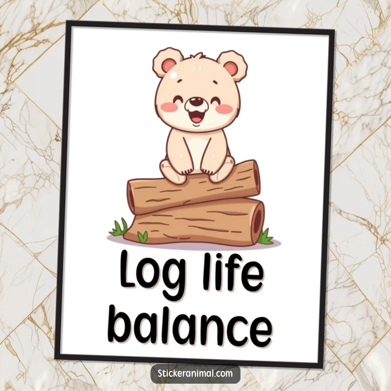 Funny poster of a happy bear cub balancing on a log, embodying playful determination and woodland charm.