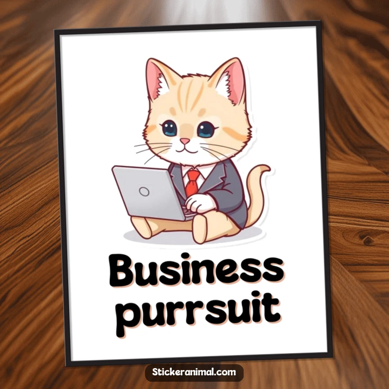 Funny poster art of a cute cat in a business suit, focused on typing at a miniature laptop, adding office charm.