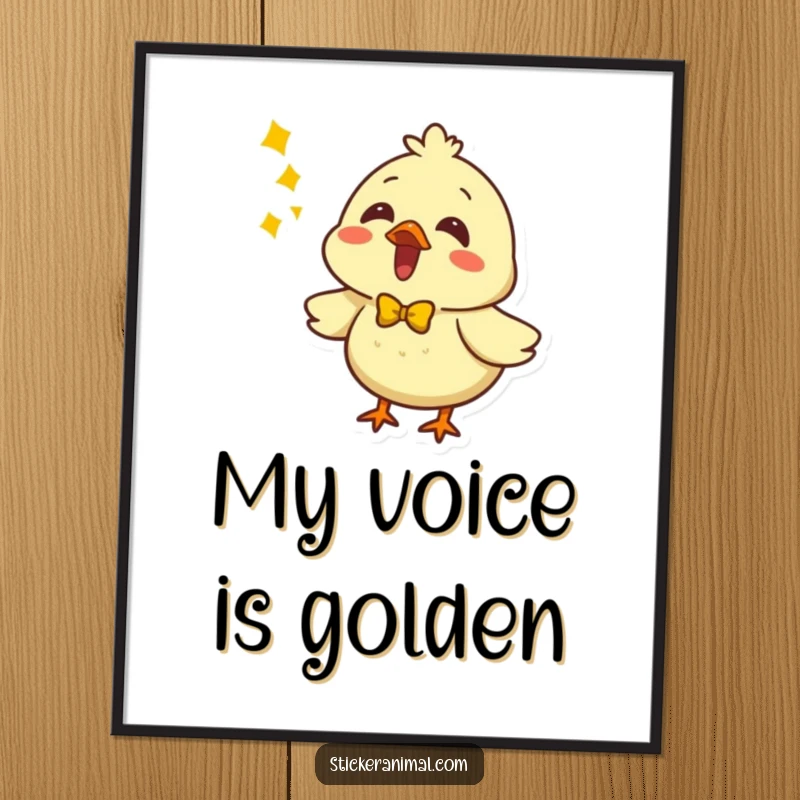 Funny illustrated chick wearing a yellow bow on a poster, singing loudly with musical notes. Ideal for music rooms.