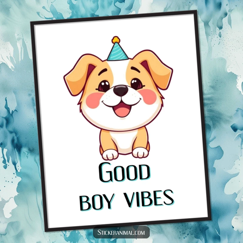 Funny happy dog wearing a party hat on a poster, vibrant artwork radiating pure joy and celebration, ideal for a funny gift.