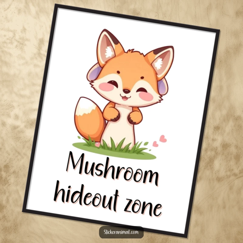 Funny poster of a cheerful fox cub peeking from behind a mushroom, embodying playful curiosity and woodland charm.