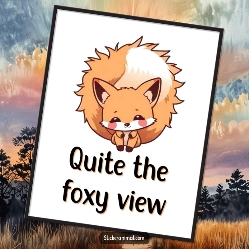 Funny Fox Peek Poster depicting a cheeky fox character peeking from behind its bushy tail, perfect for charming, humorous wall decor.
