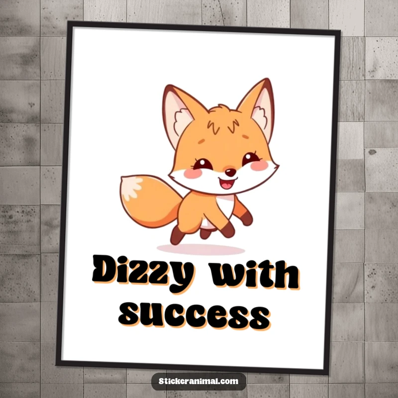 Funny poster featuring a curious fox with a joyful grin, caught in a comical loop of chasing its tail, adding whimsy.