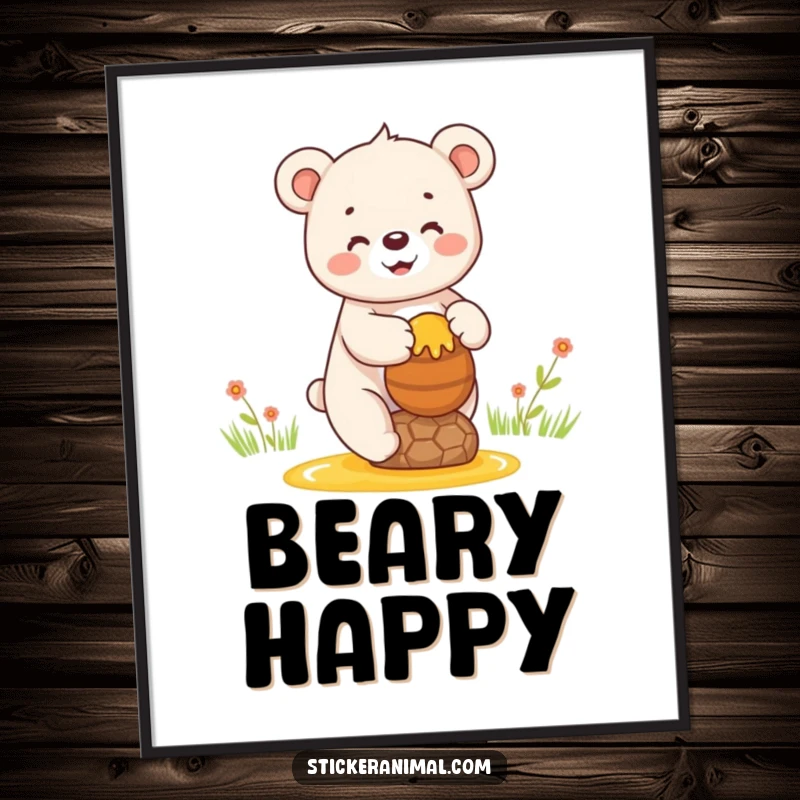 Funny poster of a happy bear cub balancing a pot of honey, symbolizing sweet delights and joy.