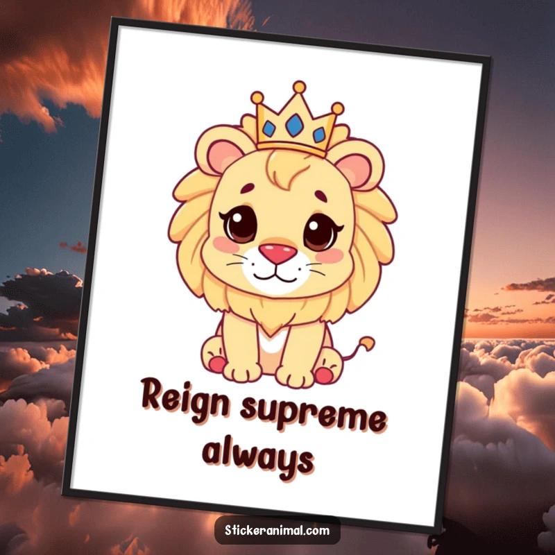 Funny cute lion with a small crown, presented as humorous wall art for a majestic and playful ambiance.