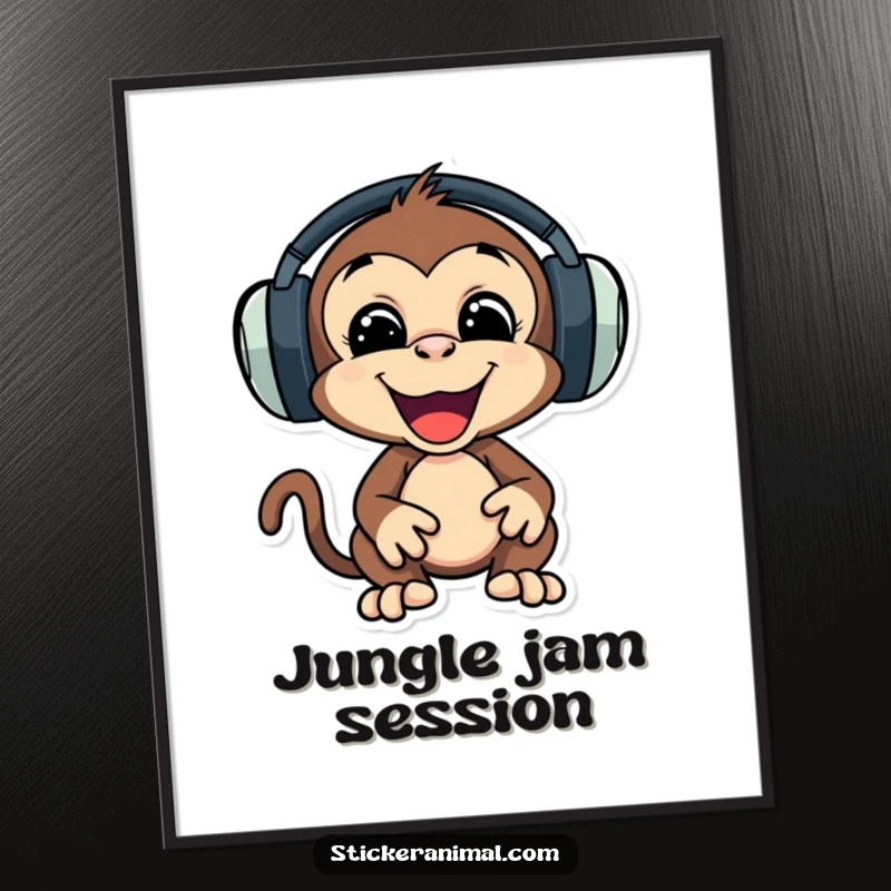 Funny poster print of a playful monkey character wearing large headphones, bopping its head rhythmically.