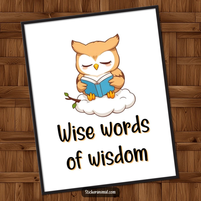 Funny owl book lover poster featuring a cute owl character engrossed in a book, perched peacefully on a soft cloud.