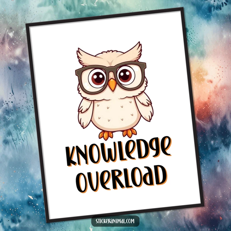 Funny owl with large spectacles looking surprised, presented as humorous wall art for a study or living area.