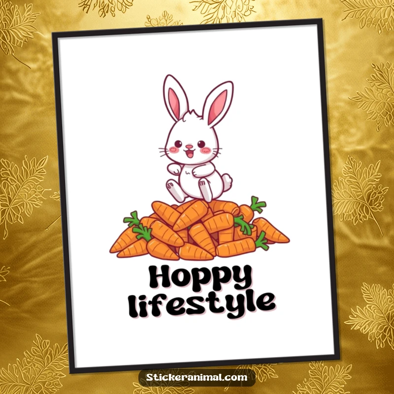 Funny rabbit poster print of a playful character mid-hop over a large pile of carrots, radiating pure fun and energy.