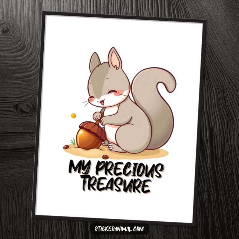 Funny poster of a mischievous squirrel intently burying a bright, shiny acorn, capturing a moment of playful secrecy.