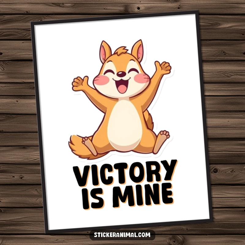 Funny poster capturing a squirrel character in a moment of ecstatic, celebratory leap, bringing vibrant joy and humor to decor.