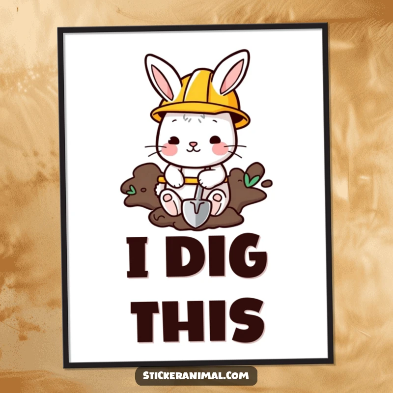 Funny Bunny Poster: A bunny wearing a construction helmet digs with a shovel, creating humorous and inspiring wall art.