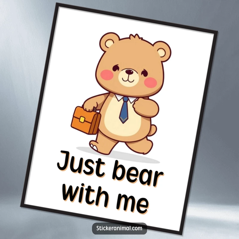 Funny poster of a smiling bear holding a briefcase, confidently walking forward, perfect for inspiring office or home decor.