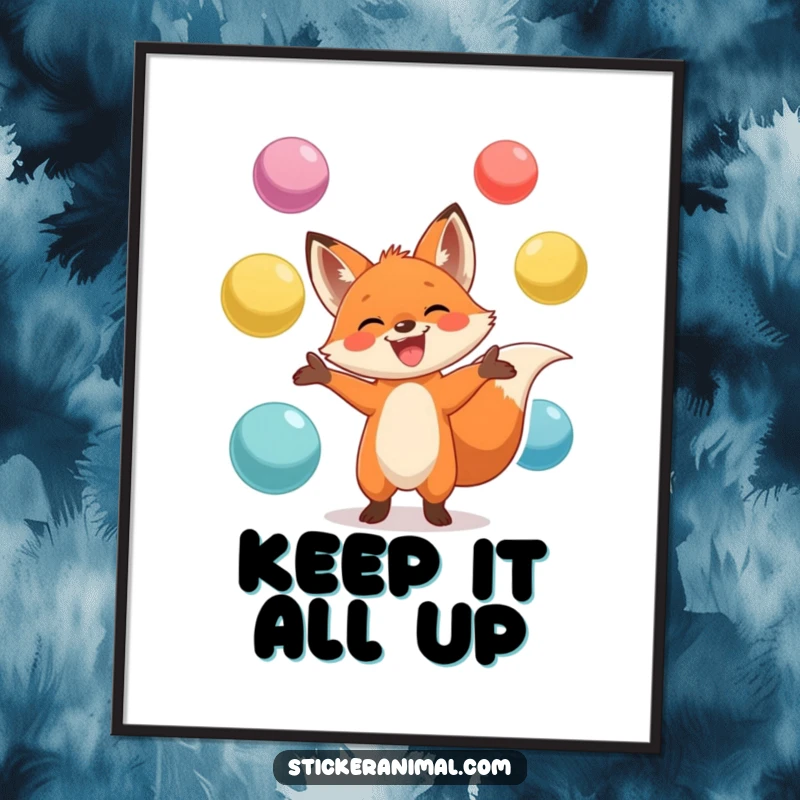 Funny poster of a happy fox with a big grin, juggling multiple oversized colorful balls, adding a touch of whimsical entertainment.