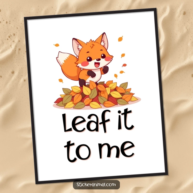 Funny poster capturing an ecstatic fox mid-pounce into a large, inviting pile of vibrant autumn leaves, full of playful energy.