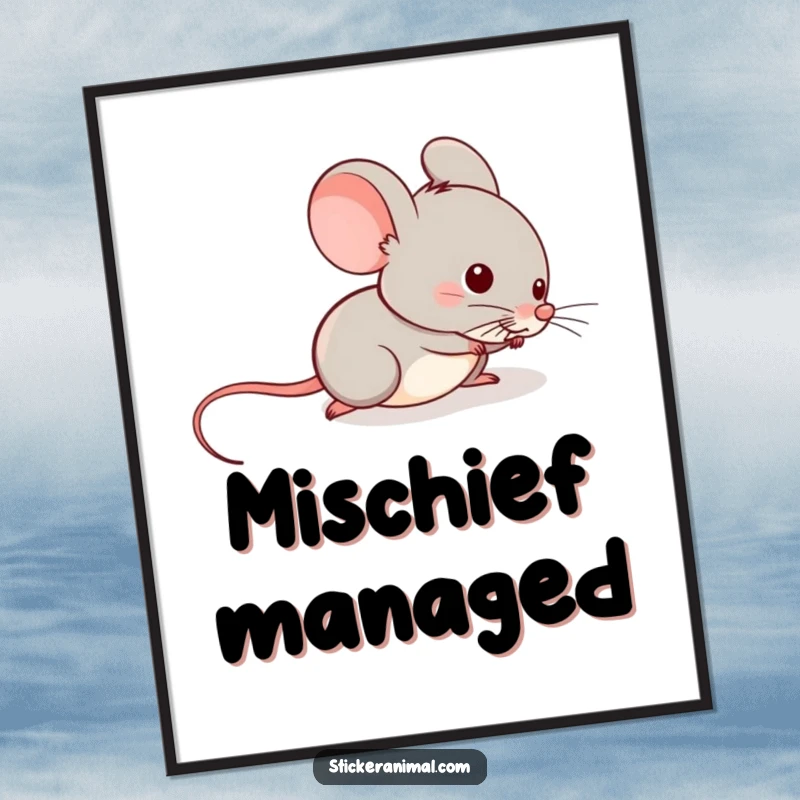 Funny poster art of a mischievous mouse sliding down a tail, bringing a sense of carefree fun and humor to any wall.