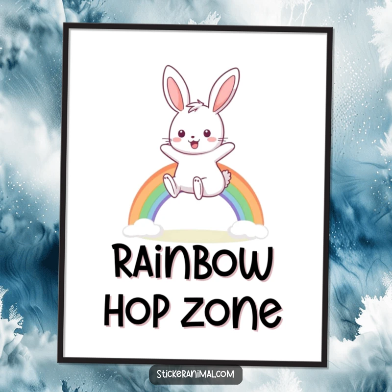 Funny poster of a smiling bunny joyfully hopping over a small rainbow, adding whimsical humor to decor.