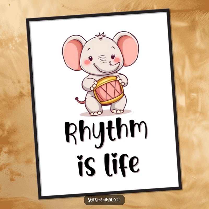 Funny elephant character in a dynamic pose, enthusiastically playing a miniature drum on a festive poster.