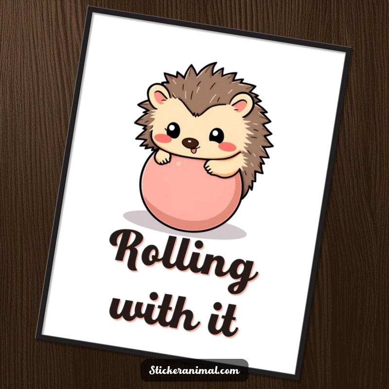 Funny hedgehog poster showcasing a happy hedgehog curled into a playful ball, bringing adorable and humorous charm to wall decor.