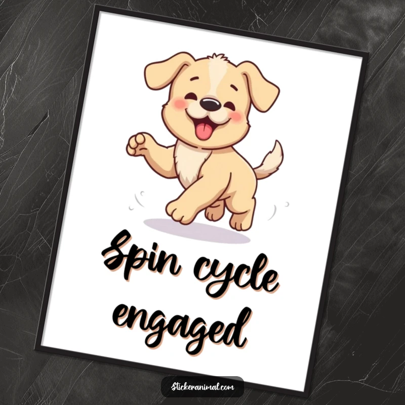 Funny poster capturing a happy puppy in a comical loop, chasing its tail with boundless energy, embodying pure, infectious puppy playfulness.