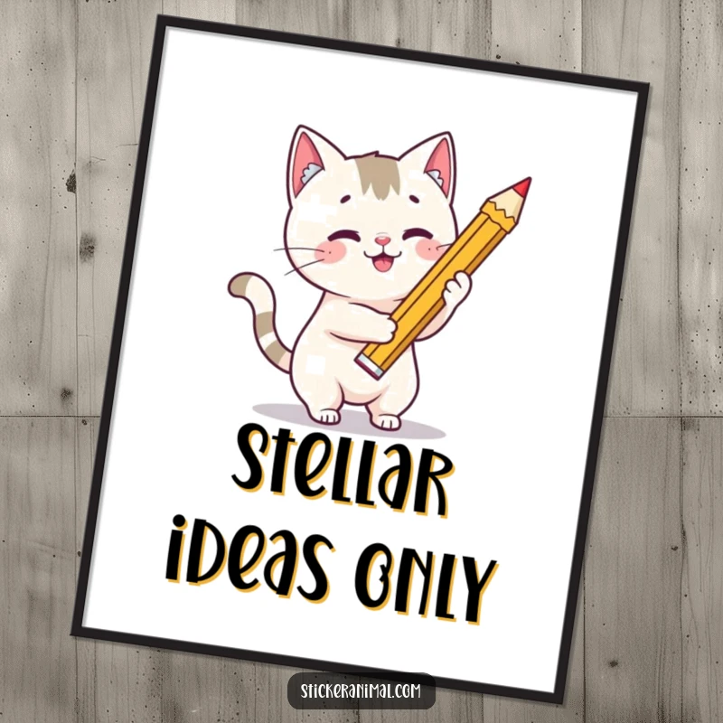 Funny cat artist poster featuring a playful cat character drawing a large, radiant star with an oversized pencil, full of artistic energy.