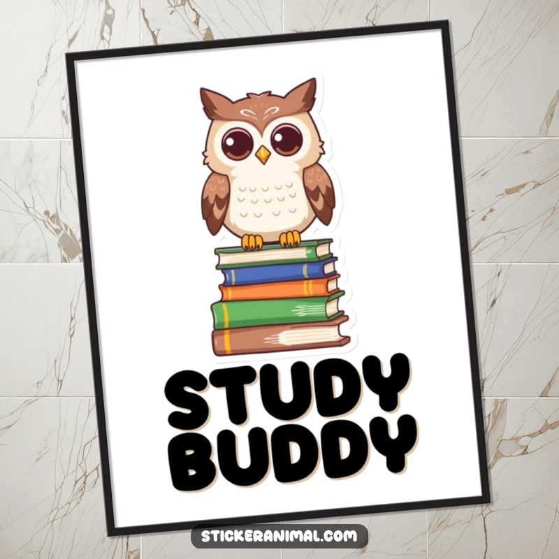 Funny owl poster print of a curious character perched atop a stack of books, radiating wisdom and intellectual charm.