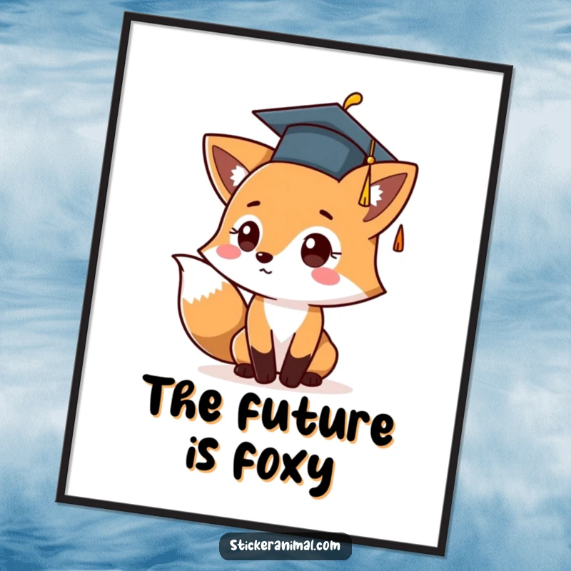 Funny poster showcasing a cute fox in a graduation cap, joyfully tossing it in the air, signifying achievement and celebration.