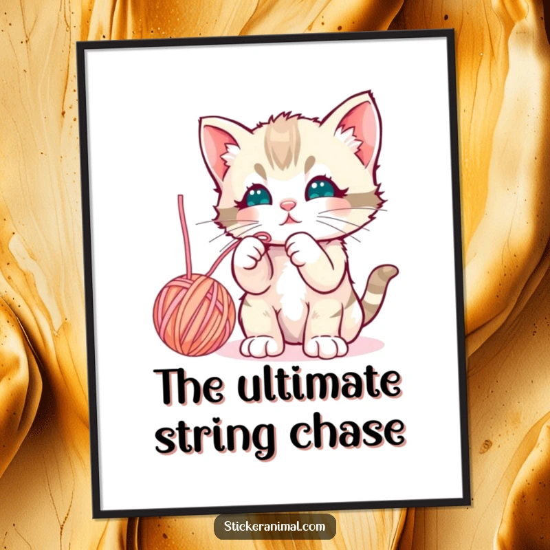 Funny curious kitten batting playfully at a dangling yarn ball, presented as a vibrant and cheerful digital art print.