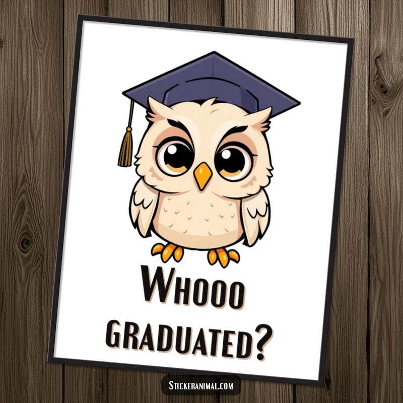 Funny poster depicting an owl with wide, astonished eyes wearing a graduation cap, perfect for graduation decor.