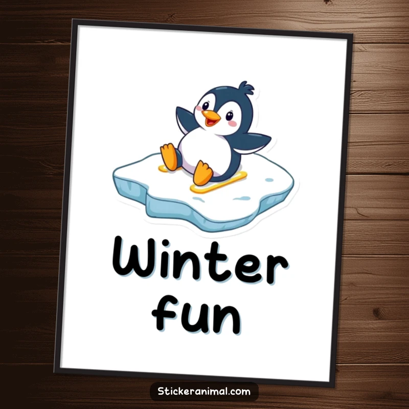 Funny penguin poster capturing a happy penguin sliding down an icy slope, bringing vibrant winter fun and humor to any space.