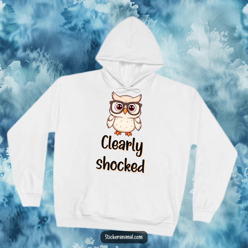 Funny, surprised owl wearing large spectacles, depicted on a cozy hoodie, perfect for intellectual and humorous comfort.