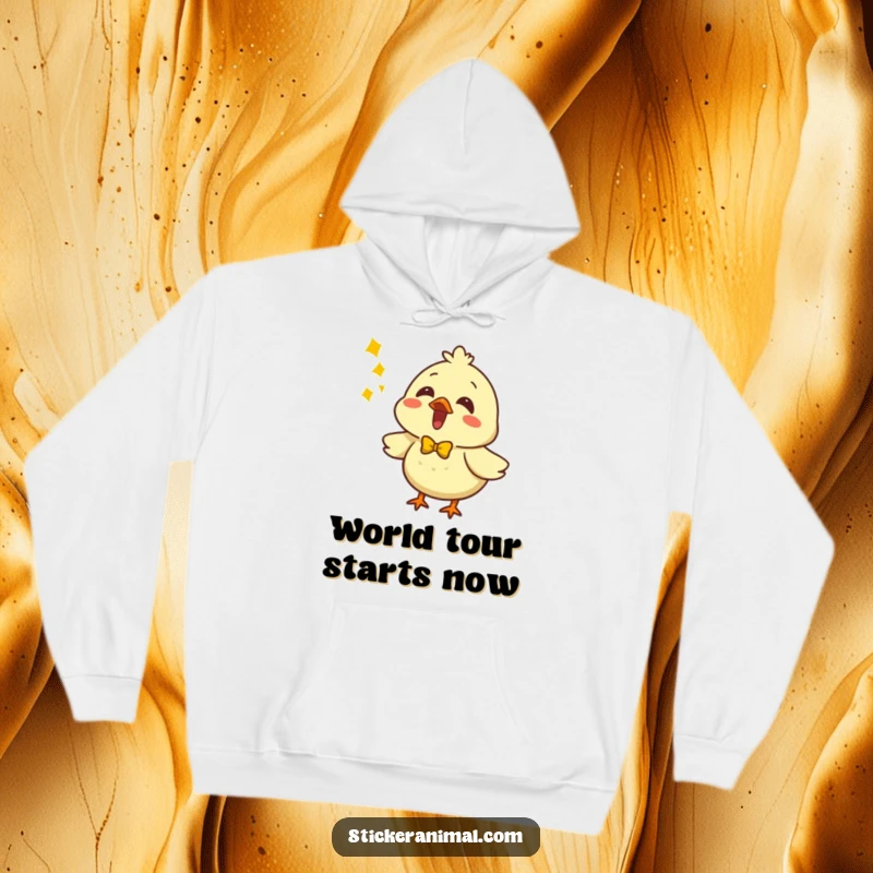 Funny chick with a yellow bow on a hoodie, singing joyfully. Perfect for music lovers and divas.