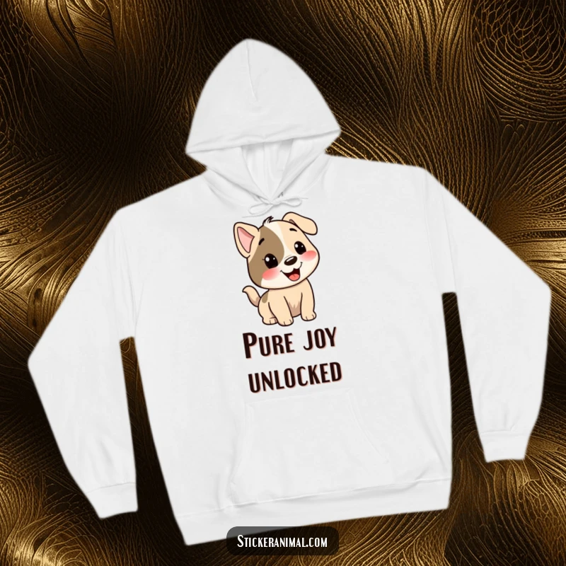 Funny dog hoodie featuring a smiling dog character with its tail in full enthusiastic wag, perfect for cozy smiles.