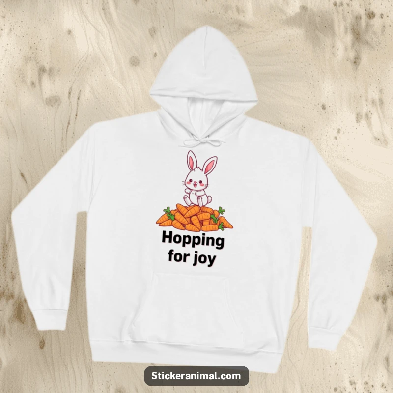 Funny rabbit hoodie featuring a playful character happily hopping over carrots, perfect for cozy, cheerful vibes.