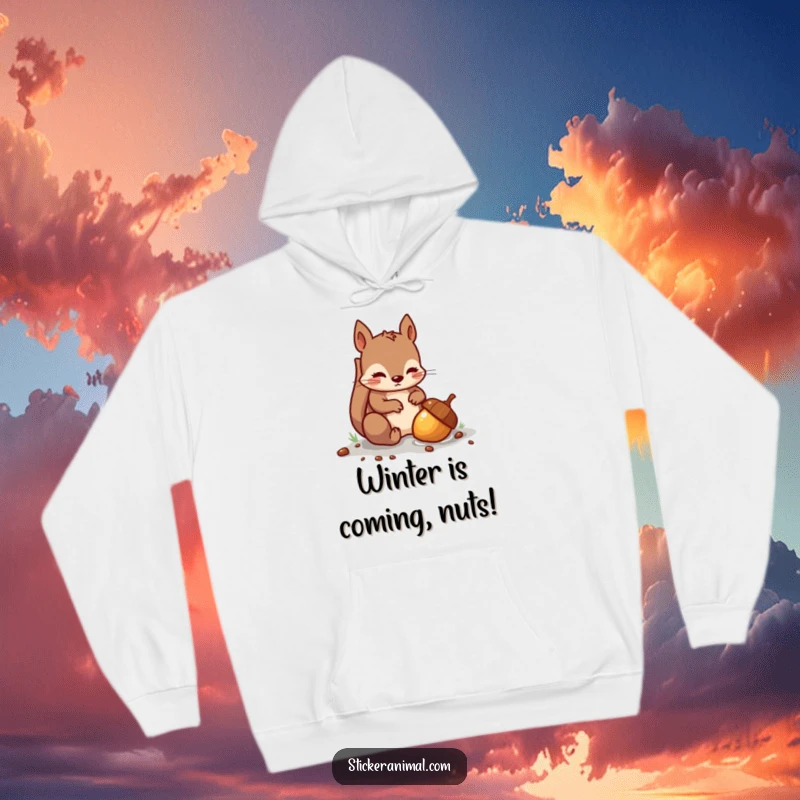 Funny hoodie depicting a mischievous squirrel intently burying a shiny acorn, conveying stealth and treasure-hiding humor.