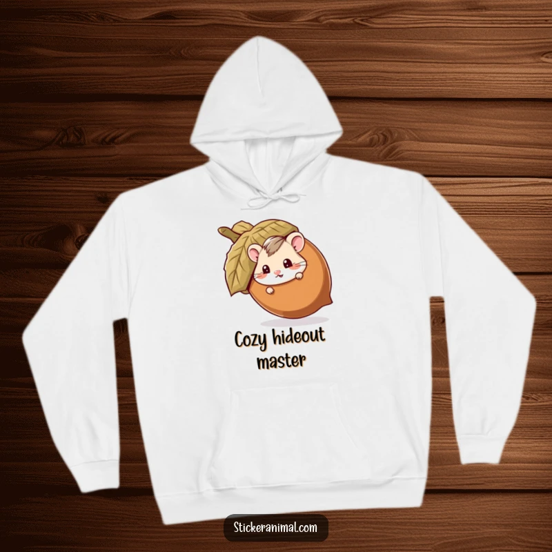 Funny hoodie with a mischievous hamster peeking from behind a giant acorn, designed for cozy hide-and-seek sessions and humorous comfort.