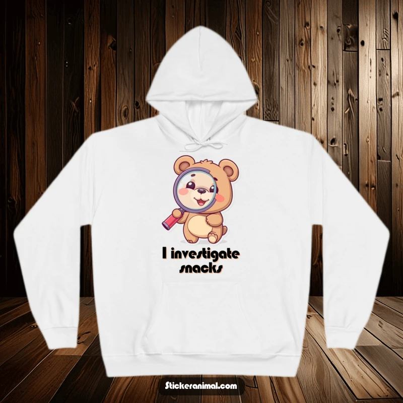 Funny Bear Hoodie: A curious bear holds a magnifying glass, offering cozy comfort and humorous investigative charm.