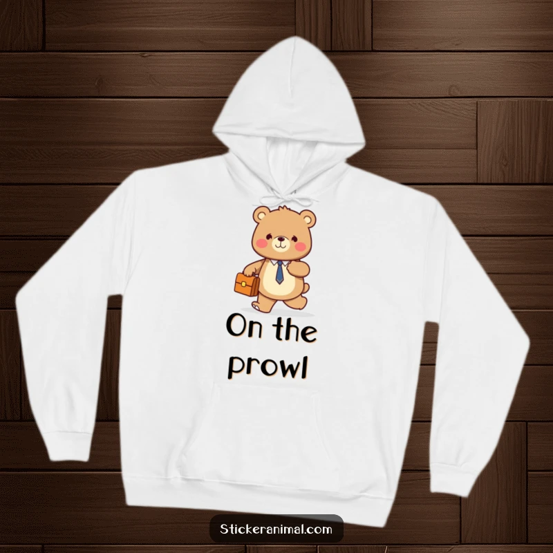Funny hoodie with a smiling bear holding a briefcase, confidently walking forward, offering warmth and motivational humor.
