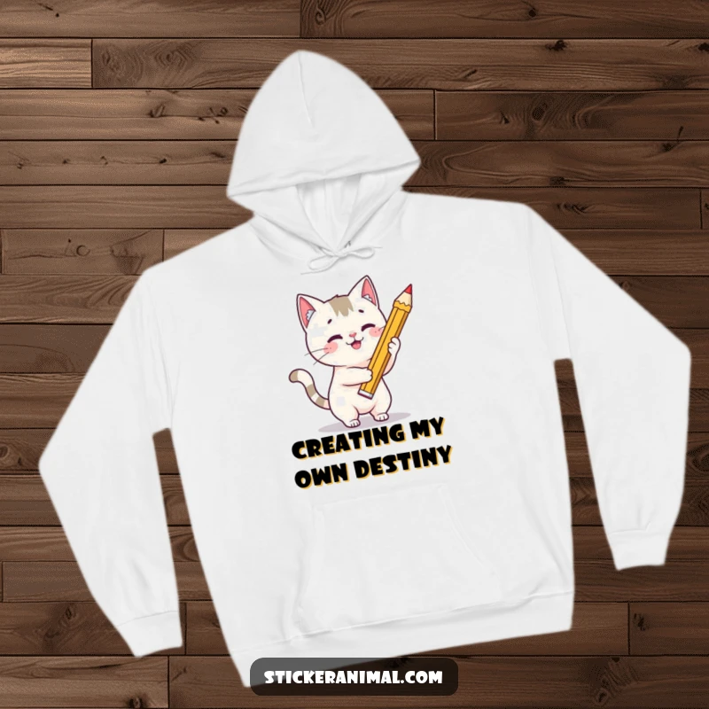 Funny cat artist hoodie showing a playful cat character drawing a star with a giant pencil, looking focused and happy.