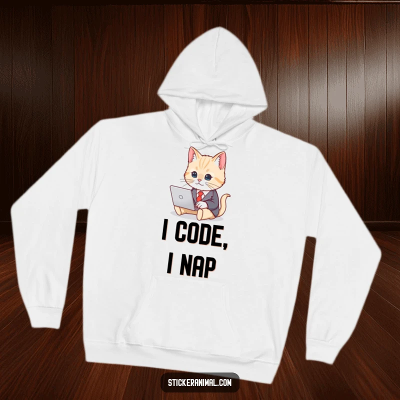 Funny hoodie featuring a cute cat in a professional business suit, typing on a laptop, ideal for office-bound cat lovers.