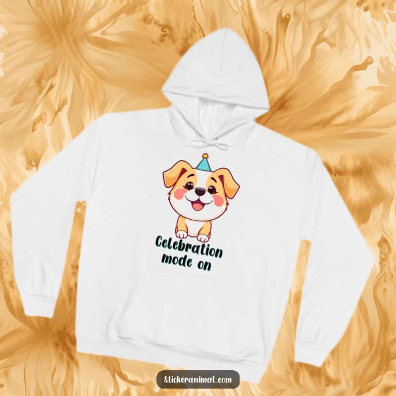 Funny happy dog wearing a party hat on a hoodie, offering cozy comfort and cheerful vibes, an excellent funny gift.